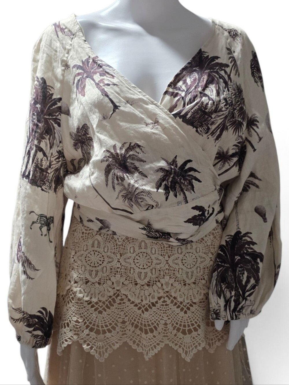 Banana Republic 100% Linen Safari Toile Wrap Top XL Palm Tree Zebra